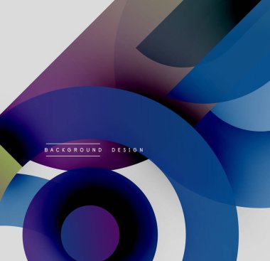 Soyut kompozisyon. Üst üste binen daireler, gradyanlar, modern tasarım. Mavi, mor, beyaz renkler dinamik görsel efekt yaratır.