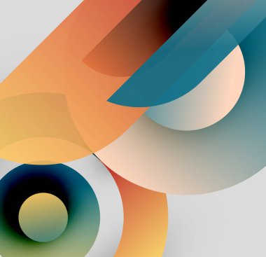 Soyut kompozisyon. Üst üste binen daireler, gradyanlar, şekiller modern görsel deneyimler yaratıyor. Yumuşak renkler tasarıma hakim.