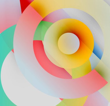 Soyut daireler örtüşüyor, canlı renk kalıpları yaratıyor. Yumuşak gradyanlar renkleri karıştırır, dinamik görsel deneyim oluşturur.