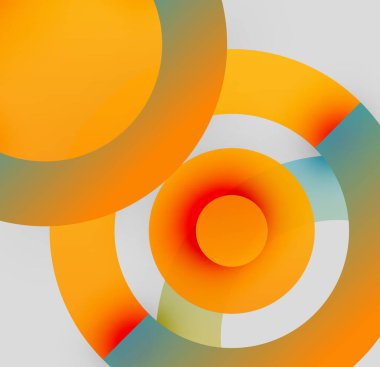 Üst üste binen dairesel şekiller içeren soyut bir kompozisyon. Turuncu, deniz mavisi, beyaz renkler dinamik görsel efekt yaratır. Modern tasarım.