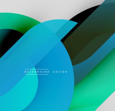 Soyut tasarım özellikleri üst üste binen şeffaf daireler. Renkler mavi ile yeşil arasında değişmekte, siyah arkaplan mevcut. Modern estetik.