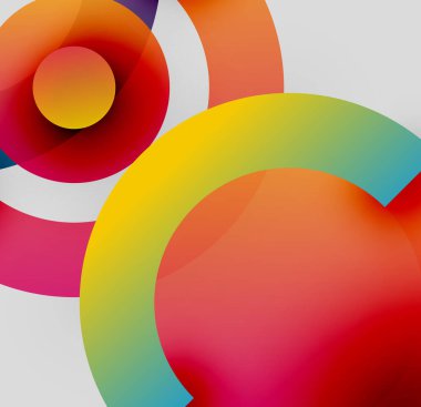 Üst üste binen renkli daireler içeren soyut bir kompozisyon. Canlı renkler harmanlanır ve dinamik görsel efekt yaratır. Modern tasarım, basit şekiller..