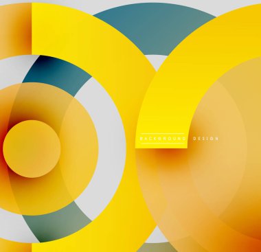 Soyut çemberler çakışıyor, canlı gradyanlar yaratıyor. Sarı egemen, aksanlı, turuncu, beyaz, siyah. Modern tasarım ögesi.