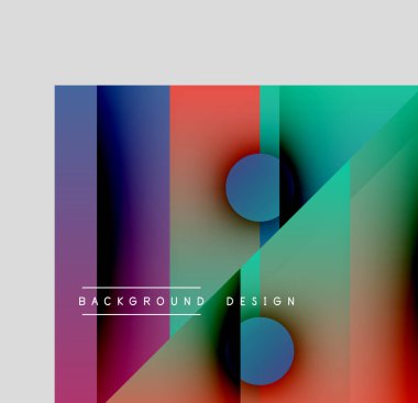 Soyut geometrik bileşim. Canlı renkler harmanlanarak, dinamik görsel efekt yaratır. Daireler açılı düzlemlerle kesişir. Modern tasarım elemanları.