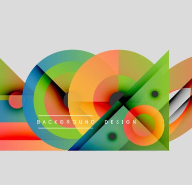 Soyut geometrik şekiller çakışıyor. Canlı renkler dinamik bileşim yaratır. Modern tasarım elementleri yenilik ve enerji öneriyor.