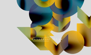 Soyut şekiller örtüşüyor, canlı renk değişimleri yaratıyor. Sarılar, maviler, yeşiller modern tasarıma karışıyor. Minimalist estetik.
