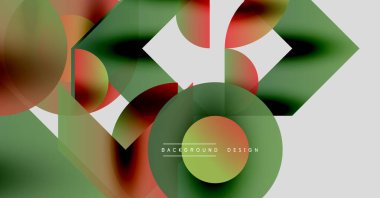 Üst üste binen daireler, kareler, gradyanlar içeren soyut kompozisyon. Renkler kırmızı, yeşil, turuncu, beyaz. Modern tasarım ögesi.