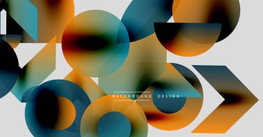 Soyut geometrik şekiller çakışıyor. Sıcak turuncu, serin mavi tonlar kompozisyona hakim. Modern tasarım elementleri dinamik görsel efekt yaratır.