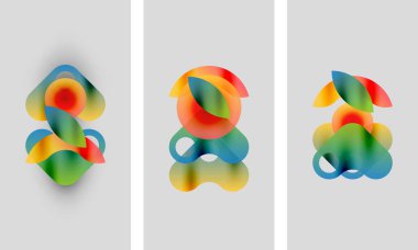 Soyut renkli şekiller örtüşür, canlı kompozisyonlar yaratır. Üç panel benzer tasarımlar gösteriyor, hafif varyasyonlar mevcut. Modern sanat tarzı.