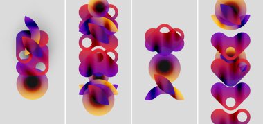 Soyut renkli şekiller, canlı gradyanlar, dört panel. Sıvı formları hareketi, üst üste binen katmanlar derinliği gösterir. Modern tasarım, dijital sanat.