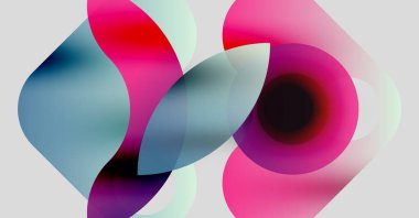 Üst üste binen renkli daireler içeren soyut bir kompozisyon. Yumuşak eğimler sıvı şekiller oluşturur, pembeler, maviler, morlar. Minimalist tasarım, modern estetik.