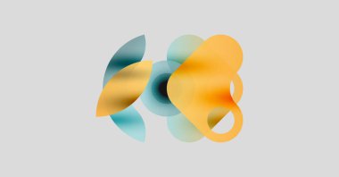 Soyut şekiller örtüşür, yumuşak eğimler yaratır. Ilık turuncu, açık gri arkaplanda serin mavi tonlara zıt düşer. Minimalist tasarım.