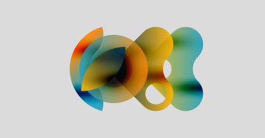 Soyut renkli şekiller çakışıyor ve sıvı formlar yaratıyor. Yumuşak gradyanlar turuncu, mavi ve sarı renkleri harmanlarlar. Minimalist tasarım, hafif arkaplan.