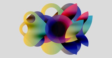 Soyut renkli şekiller örtüşür, dinamik görsel kompozisyon yaratır. Yumuşak eğimler renkleri karıştırır, sıvı formlar oluşturur. Modern tasarım.