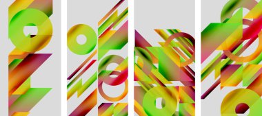 Soyut geometrik paneller canlı gradyanlar gösterir. Şekiller örtüşüyor, dinamik görsel ritim yaratıyor. Renkler harmanlanır, modern sanat eserleri oluşturulur.