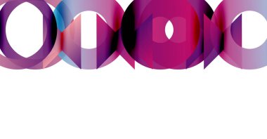 Soyut çakışan daireler canlı ve modern tasarım yaratır. Mor, pembe renkler beyaz arkaplana hakim. Minimalist, geometrik şekiller mevcut.