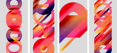 Soyut sanat eserleri renkli örtüşen şekiller içerir. Paneller, dinamik görsel etki yaratan canlı gradyanlar gösteriyor. Modern tasarım.