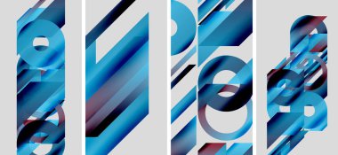 Soyut geometrik bileşim. Mavi renkler baskın, dinamik görsel ritim yaratıyor. Panellerde katmanlı şekiller, çizgiler, daireler var. Modern tasarım.