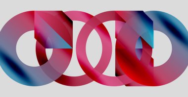 Birbirine kenetlenmiş halkalar, canlı renkler, kırmızı, mavi, pembe gradyanlar. Modern tasarım, soyut kompozisyon, minimalist estetik. Pürüzsüz geçişler, örtüşen şekiller..