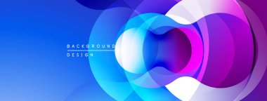 Soyut daireler örtüşüyor, parlak mavi ve mor renkler yaratıyor. Modern tasarım akıcılık, enerji ve yenilik öneriyor. Arka plan dinamik ve büyüleyici..