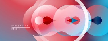 Soyut geometrik şekiller örtüşüyor, canlı renk eğimleri yaratıyor. Kırmızı, pembe, mavi renkler arasındaki pürüzsüz geçişler kompozisyona hakim..