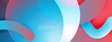 Soyut sıvı şekilleri örtüşür, parlak mavi, kırmızı, beyaz renkler yaratır. Modern tasarım hareket, enerji, derinlik öneriyor.