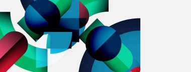 Soyut geometrik şekiller örtüşür, canlı renk karışımları yaratır. Daireler, yeşil, mavi ve kırmızı renklerle kompozisyona hükmediyor. Minimalist tasarım.