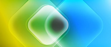 Soyut geometrik tasarım. Renkler harmanlanarak parlak yuvarlak kareler oluşturur. Merkezde koyu bulanık şekiller var. Modern, canlı kompozisyon.