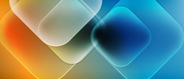 Üst üste binen yuvarlak kareler içeren soyut bir kompozisyon. Renkler turuncudan yeşile, maviye dönüşüyor. Yumuşak eğimler ışık efekti yaratır.