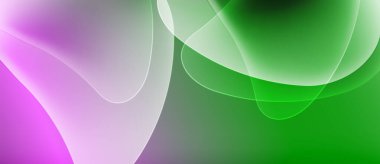 Soyut girdaplar, canlı renkler. Mor, yeşil, beyaz şekiller akışkan, dinamik bileşim oluşturur. Yumuşak eğimler hareketi, ışığı işaret eder.