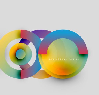 Soyut renkli çemberler çakışıyor. Modern tasarım dinamik görsel efektler yaratan canlı gradyanlar içerir. Açık gri arkaplan şekilleri geliştirir.