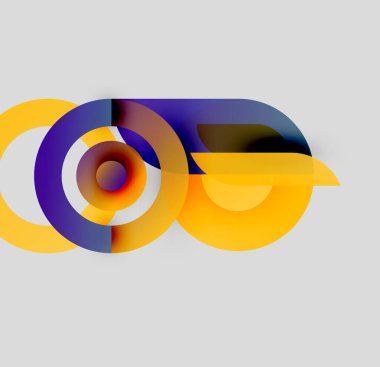 Soyut tasarım özellikleri üst üste binen daireler, dikdörtgenler. Renkler sarı, mavi, beyaz. Modern, minimalist estetik.