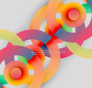 Soyut daireler örtüşüyor, canlı renk eğimleri yaratıyor. Modern tasarım şeffaf katmanlar, yumuşak renkler, dinamik bileşim içerir.