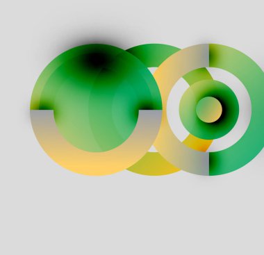 Üst üste binen daireler içeren soyut kompozisyon. Yeşil, sarı, beyaz renkler karışıyor ve yumuşak renkler oluşturuyor. Modern tasarım, basit şekiller görsel alana hakim..