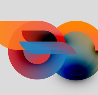 Soyut kompozisyon. Üst üste binen renkli çemberler dinamik ve akıcı şekiller yaratır. Renkler karışıyor, hareket ve derinlik öneriyor. Modern tasarım.