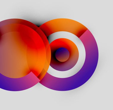 Soyut tasarım özellikleri üst üste binen renkli daireler. Gradyan renkler turuncu, kırmızı, mor, beyaz karışımı dinamik görsel efekt yaratır.