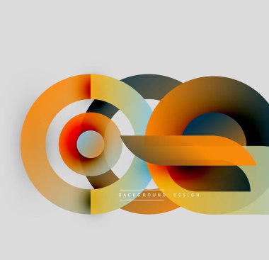 Soyut geometrik tasarım. Üst üste binen daireler dinamik bileşim yaratır. Sıcak, serin renkler harmanlanır, modern görsel efekt oluşturur.