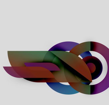 Soyut kompozisyon. Üst üste binen şekiller dinamik görsel efekt yaratır. Renkler karışıyor, karmaşık desenler oluşturuyor. Minimalist tasarım.