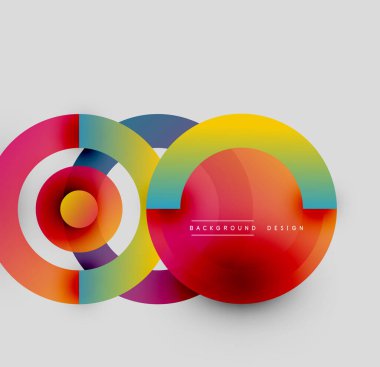 Renkli üst üste binen daireler soyut tasarım yaratır. Gradyan renkler harmanlanır ve canlı görsel kompozisyon oluşturur. Modern estetik.