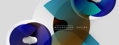 Soyut şekiller örtüşür, dinamik görsel etki yaratır. Mavi, deniz mavisi, kahverengi renkler nötr arka plana hakim. Modern tasarım ögesi.