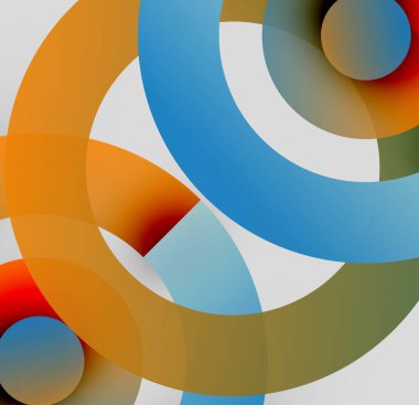 Soyut kompozisyon. Üst üste binen daireler dinamik görsel efekt yaratır. Sıcak, serin renkler harmanlanır, modern tasarım oluşturulur.