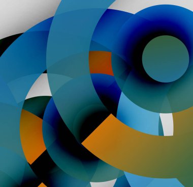 Soyut kompozisyon. Üst üste binen daireler, farklı renkler, dinamik etkileşimler. Modern tasarım, havalı tonlar baskın, basit şekiller mevcut..