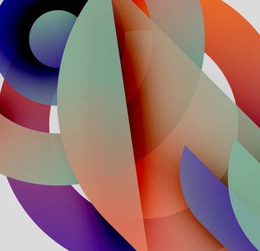 Soyut kompozisyon. Üst üste binen renkli şekiller, dinamik görsel deneyimler yaratıyor. Yumuşak eğimler, pürüzsüz geçişler tasarıma hakim..