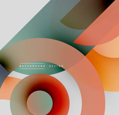 Soyut geometrik şekiller örtüşüyor, canlı renk eğimleri yaratıyor. Modern tasarım elementleri dinamik bileşimi önerir.