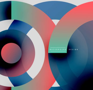 Soyut daireler örtüşüyor, canlı renk eğimleri yaratıyor. Modern tasarım, gri, kırmızı ve mavi renklere sahiptir. Minimalist estetik.