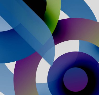 Üstüste binen şeffaf daireler içeren soyut bir kompozisyon. Renkler arasında mavi, mor, yeşil, beyaz, siyah var. Minimalist tasarım, modern estetik.