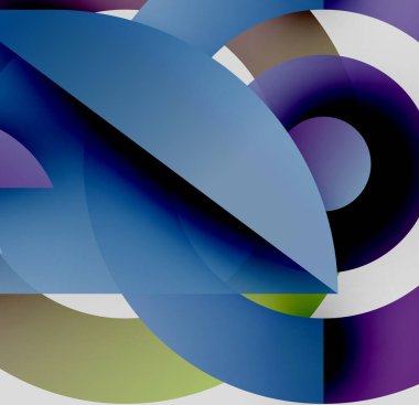 Soyut kompozisyon. Üst üste binen şekiller dinamik görsel deneyimler yaratır. Maviler, morlar, yeşiller dizaynın hakimi. Modern, minimalist estetik.