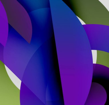 Üst üste binen kıvrımlı şekiller içeren soyut bileşim. Renkler maviler, morlar, yeşiller, beyazlar. Dinamik, sıvı formlar görsel ilgi yaratır.