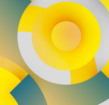 Üst üste binen daireler içeren soyut kompozisyon. Sarı, gri, deniz mavisi renkleri dinamik görsel efekt yaratır. Minimalist tasarım, modern estetik.