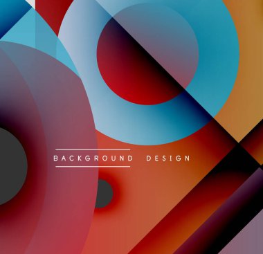 Soyut kompozisyon. Üst üste binen daireler, üçgenler dinamik görsel efekt yaratır. Sıcak, serin tonlar kusursuz bir şekilde harmanlanır. Modern tasarım ögesi.